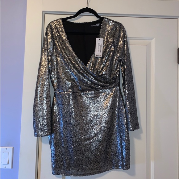 BooHoo Silver Sequin Wrap Mini Dress - Picture 1 of 4
